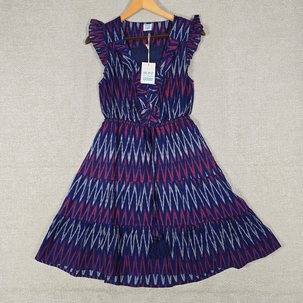 Mer St. Barth Giselle Mini‎ Dress Navy Red Silk Ikat Ruffle Tassel Size M NEW